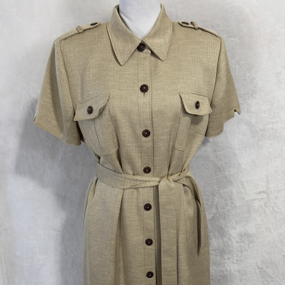 Vintage Maxi‎ Jacket Shirt Dress Size 14 P Herringbone Belted Safari Western 90s - Picture 6 of 16